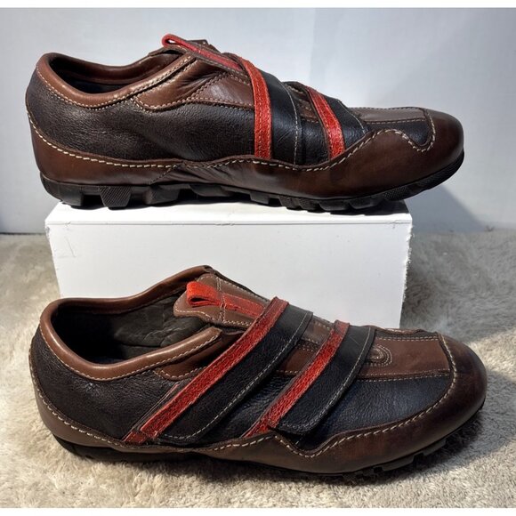 Robert Wayne Shoes Mens Size 7 Brown Leather Casual Sneakers Red & Black Straps - Picture 2 of 12